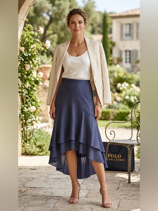Ralph Lauren Dresses & Skirts - Lauren Ralph Lauren 100% Silk Polka Dot High-Low Midi Skirt - Navy/Cream - 20W